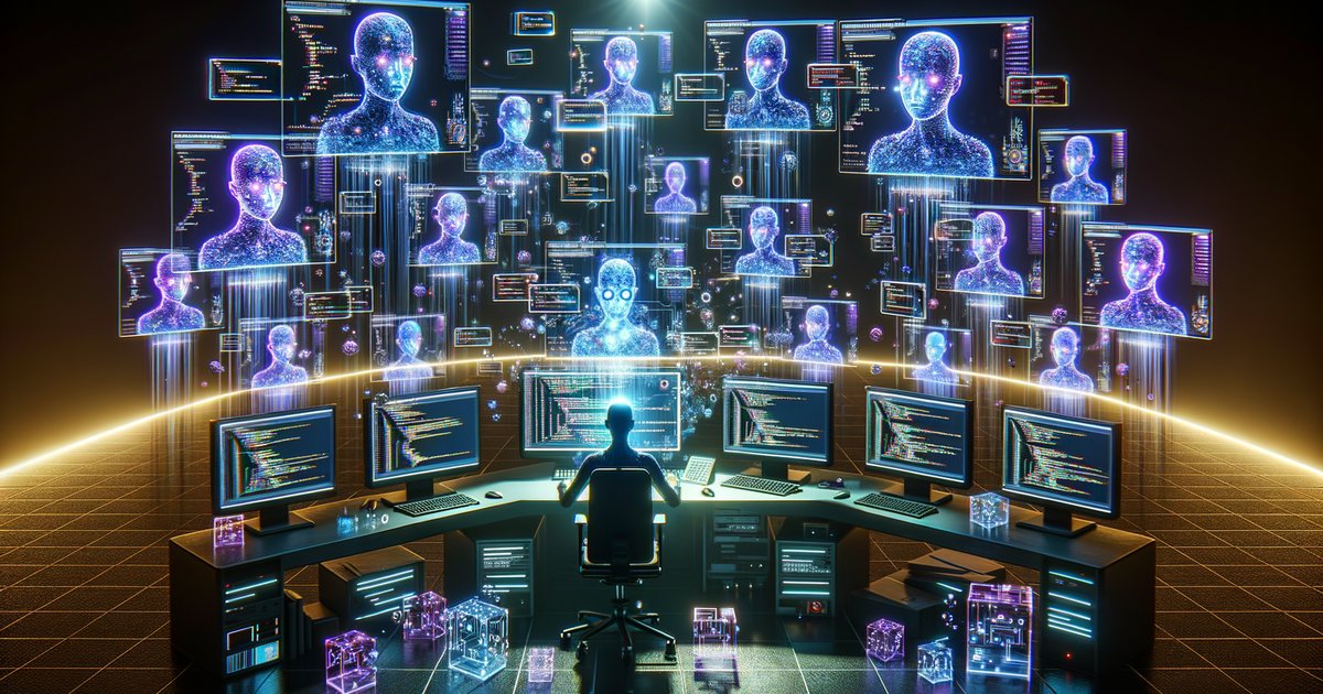 Developer surrounded by AI assistants, each speaking different languages