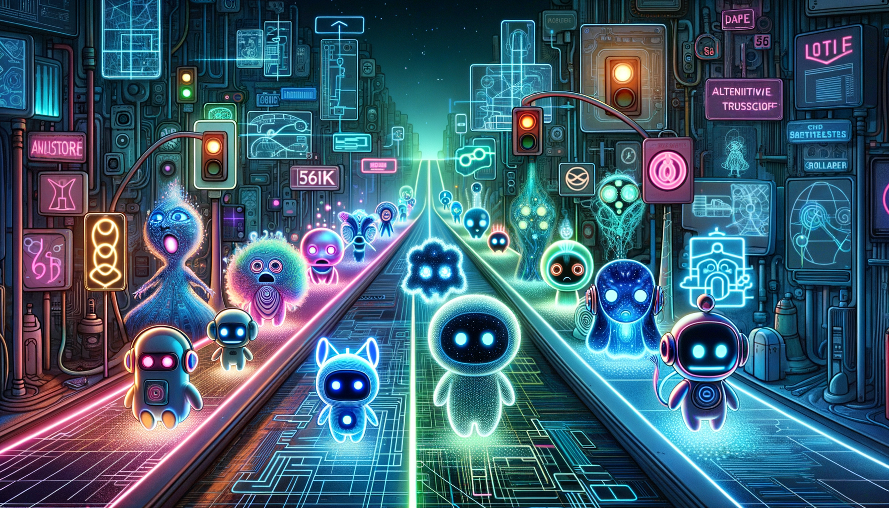 Cyberpunk visualization of parallel AI streams vs sequential bottlenecks